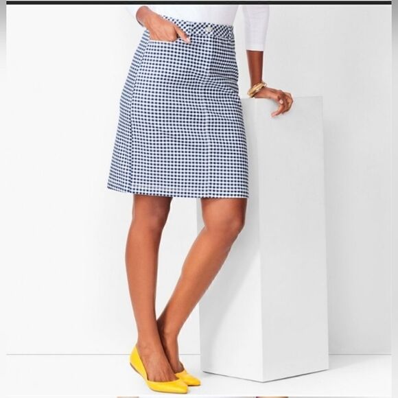 TALBOTS Blue & White Gingham Denim A-Line Skirt - Size 8 - Picture 1 of 7